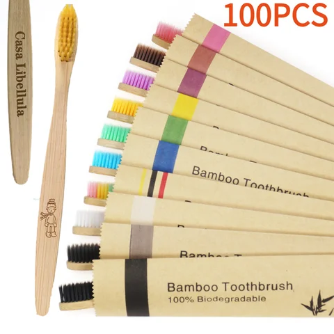대나무 칫솔 100Pcs 친환경 Resuable 칫솔 성인 나무 부드러운 칫솔 맞춤형 레이저 조각 로고