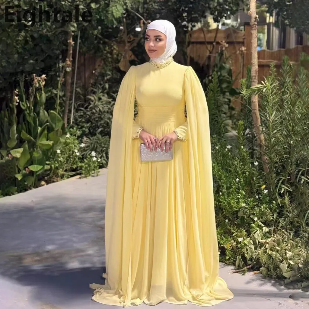 

Eightale 2025 Muslim A-Line Evening Dress Yellow Chiffon Cape Sleeve Prom Gown for Dubai Party Customizable Saudi Arabic Style