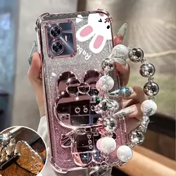 Airbag Glitter Mirror Rabbit Phone Holder Case On For Oppo Realme C30 C30S C31 C33 C35 C53 C55 C63 C65 C67 4G Anti-knock Cover