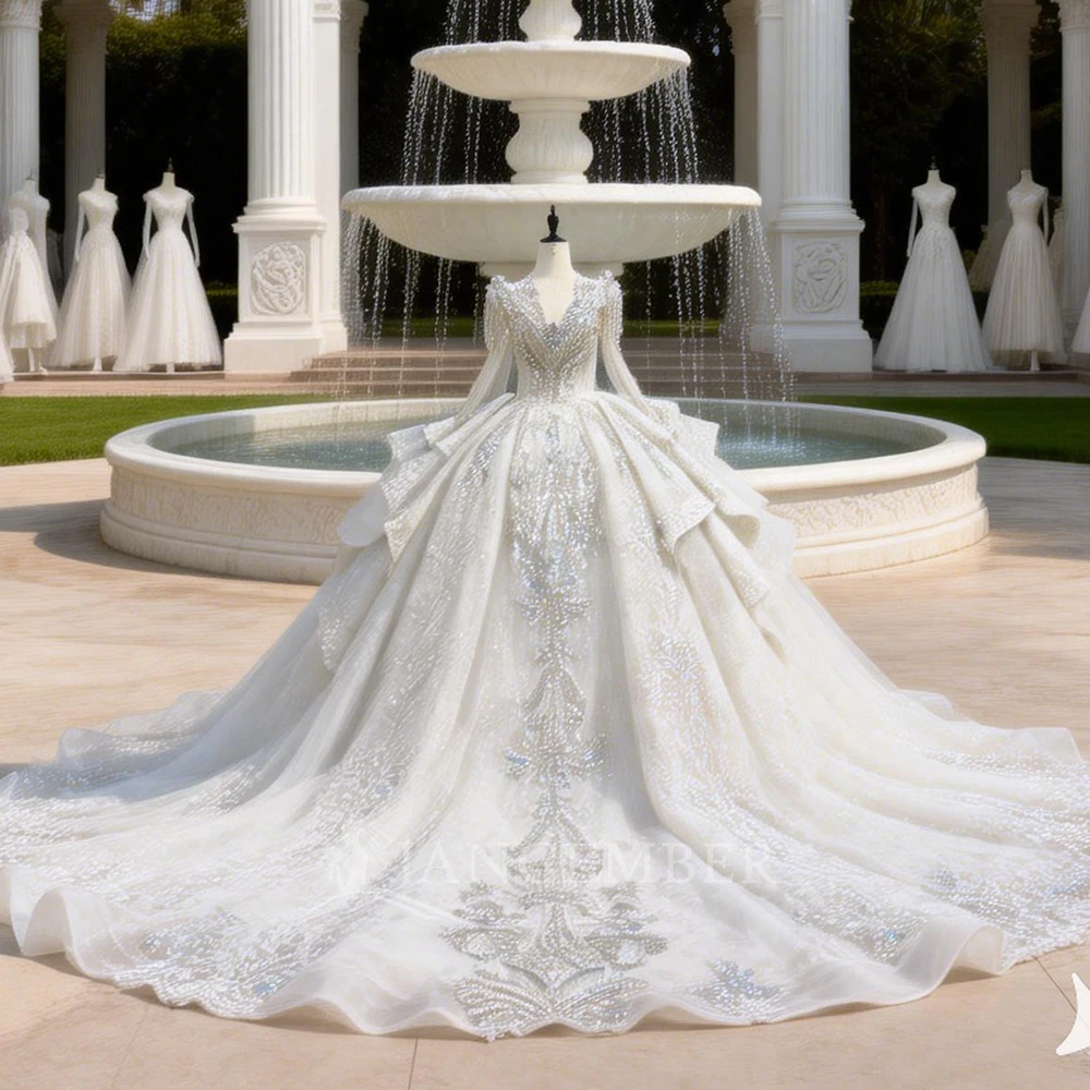 

Новое изысканное свадебное платье 2026 года с длинными рукавами, кружевом, бахромой и шлейфом, в стиле принцессы, бальное платье Vestidos De Novia