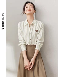 SENTUBILA Autumn Polo Striped Shirt for Women 2024 New Fashion Long Sleeve Button Up Blouse Lady Letter Contrast Top 133C50734