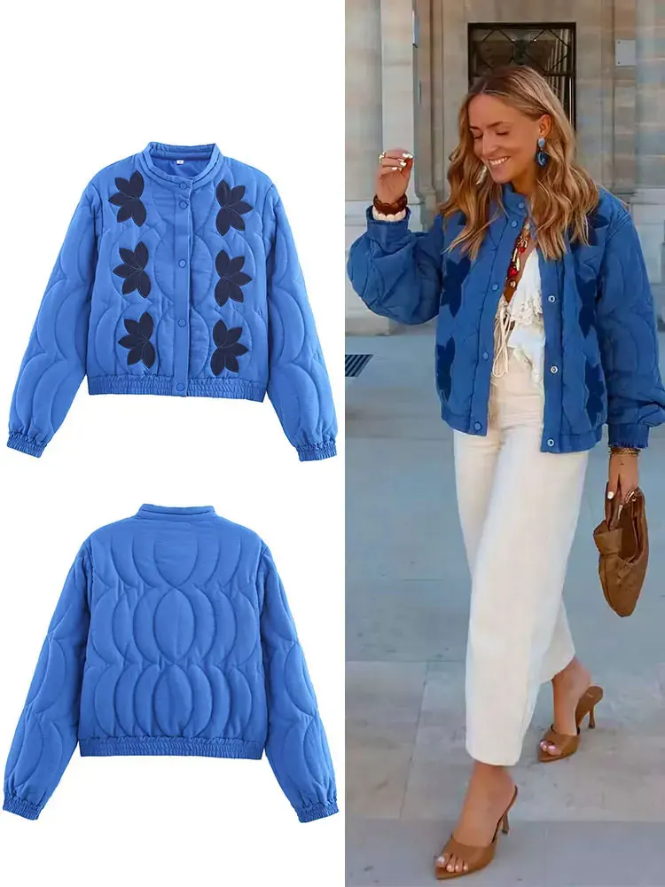 

Woman Coats Quilted Floral Embroidery Long Sleeves Single Breasted Jacket 2025 Winter Streetwear Women's New In Outerwear