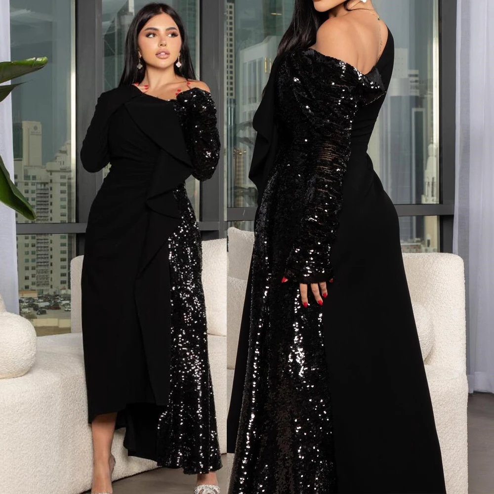 Customized Party Sequins Patchwork Long Sleeve Sexy Backless فساتين الحفلات Tea-Length Gown Black Платья На Торжество