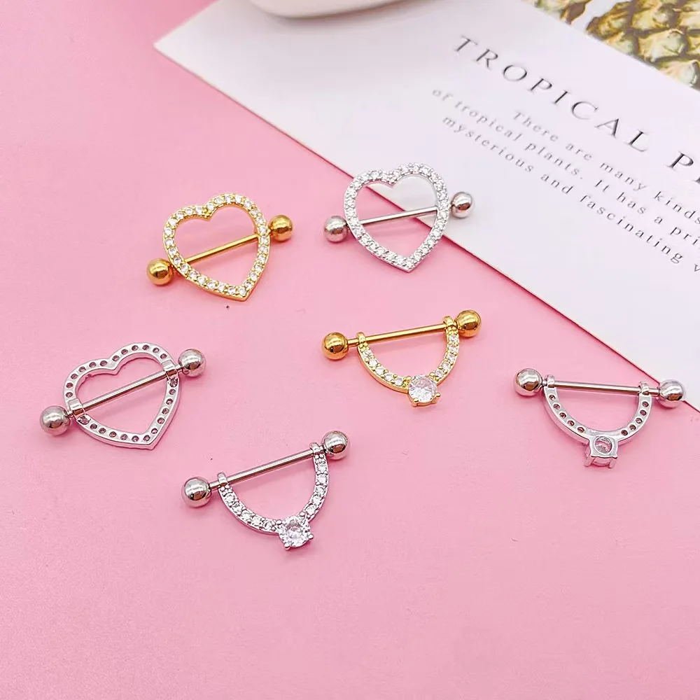 1Pc Sexy Stainless Steel Breast Piercing Jewelry Heart Zircon Nipple Piercing Bar Nipple Rings Shield Cover Barbell Piercings