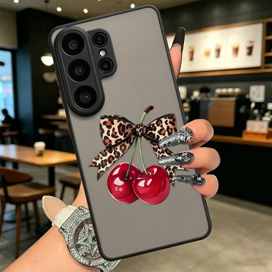 Funda Back Phone Cover Case for Samsung Galaxy S26 S20 FE S21 S25 Ultra S23 FE S24 Plus S22 Note 20 Ultra 10+ Leopard Bow Cherry