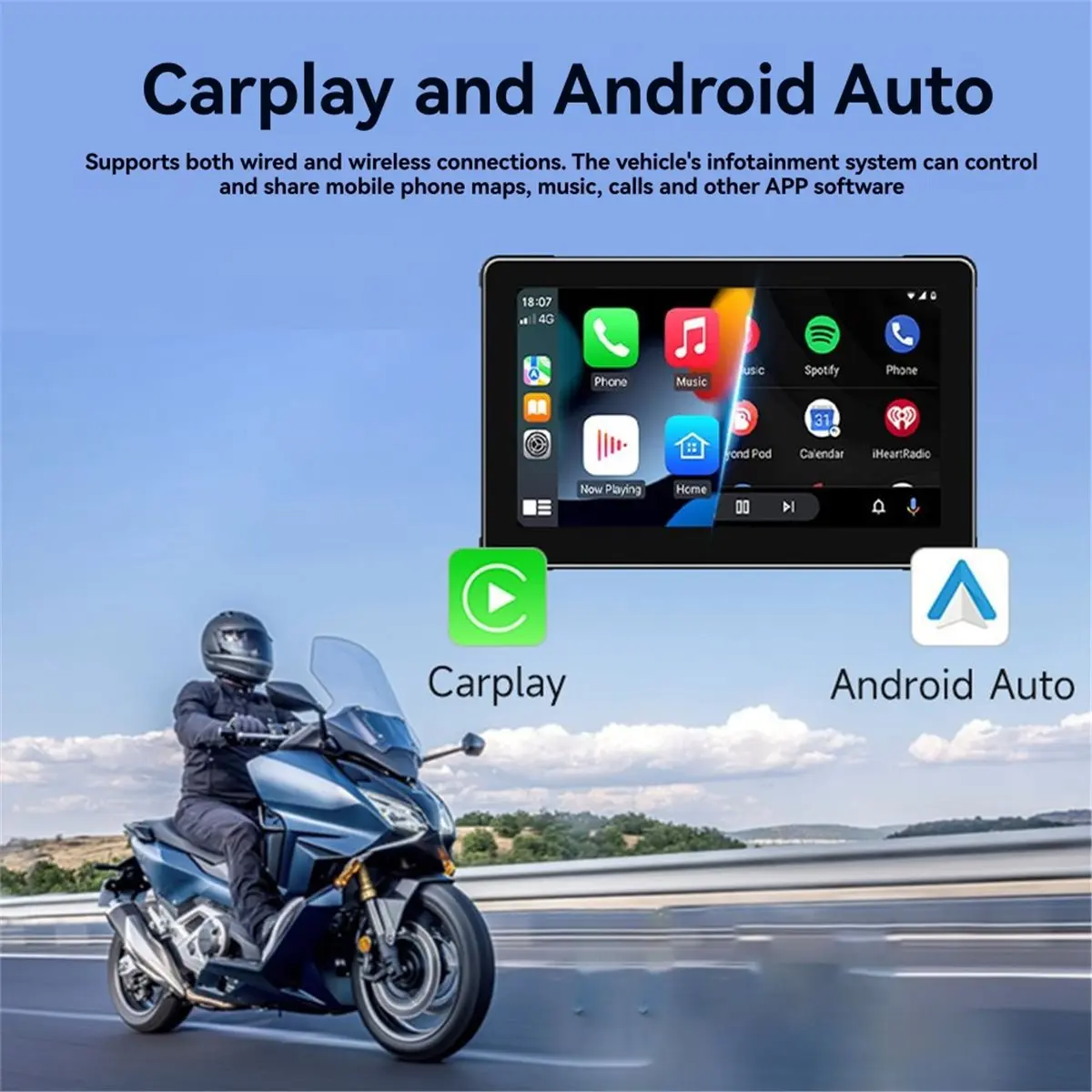 Monitor de navegación portátil para motocicleta de 7 pulgadas IPX8 resistente al agua para pantalla inalámbrica CarPlay Android Auto