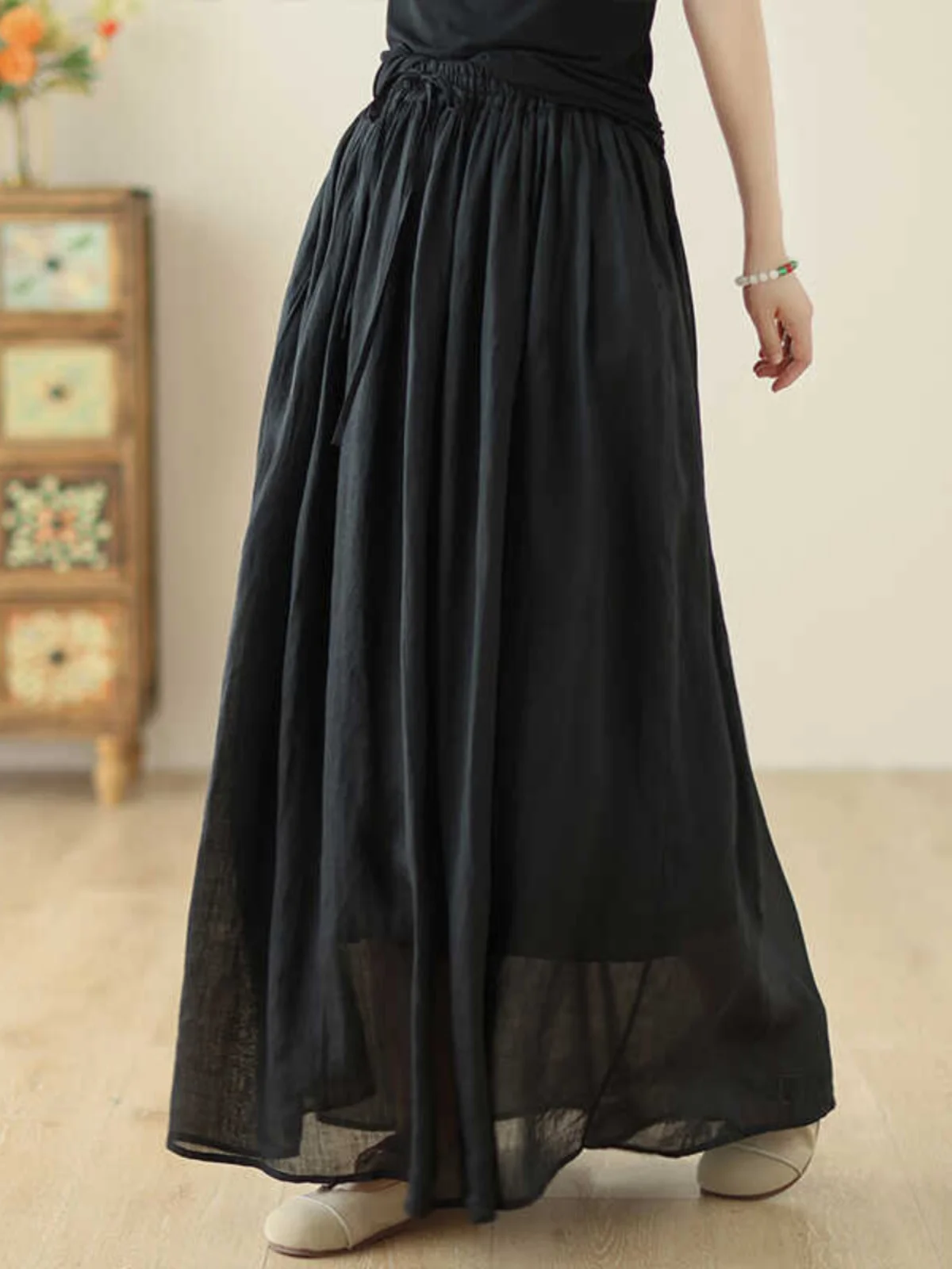 

Women's Early Autumn New Elastic Waist Versatile Double Layer Flared Slimming Belted A-Line Skirt Commute Style Regular ...