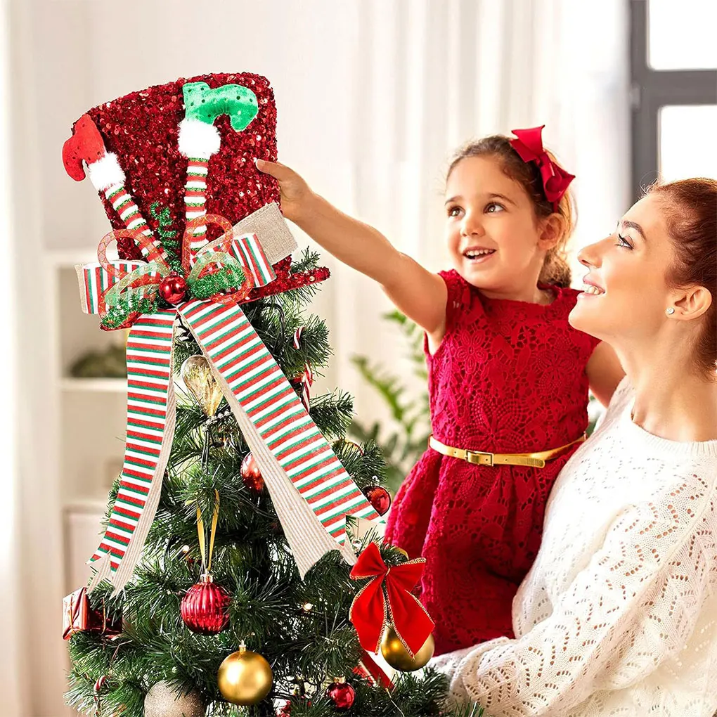 

Foldable Christmas Tree Topper Hat with Candy Cane Bow Ribbon Decoration Washable Cloth Festive Ornament for Holiday Home Decor