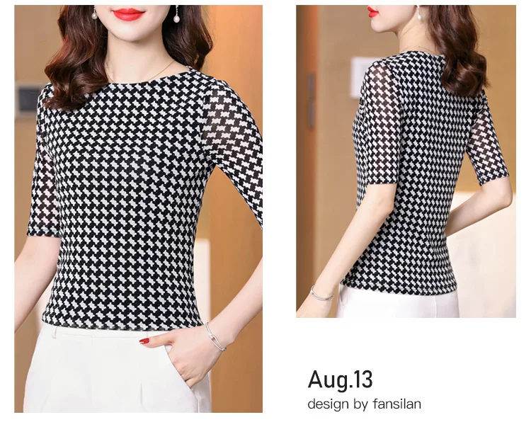 New Arrival Female Slash Collar Slim Plaid Mesh T Shirts Women Half Sleeve Tee T-shirt 40-70KG