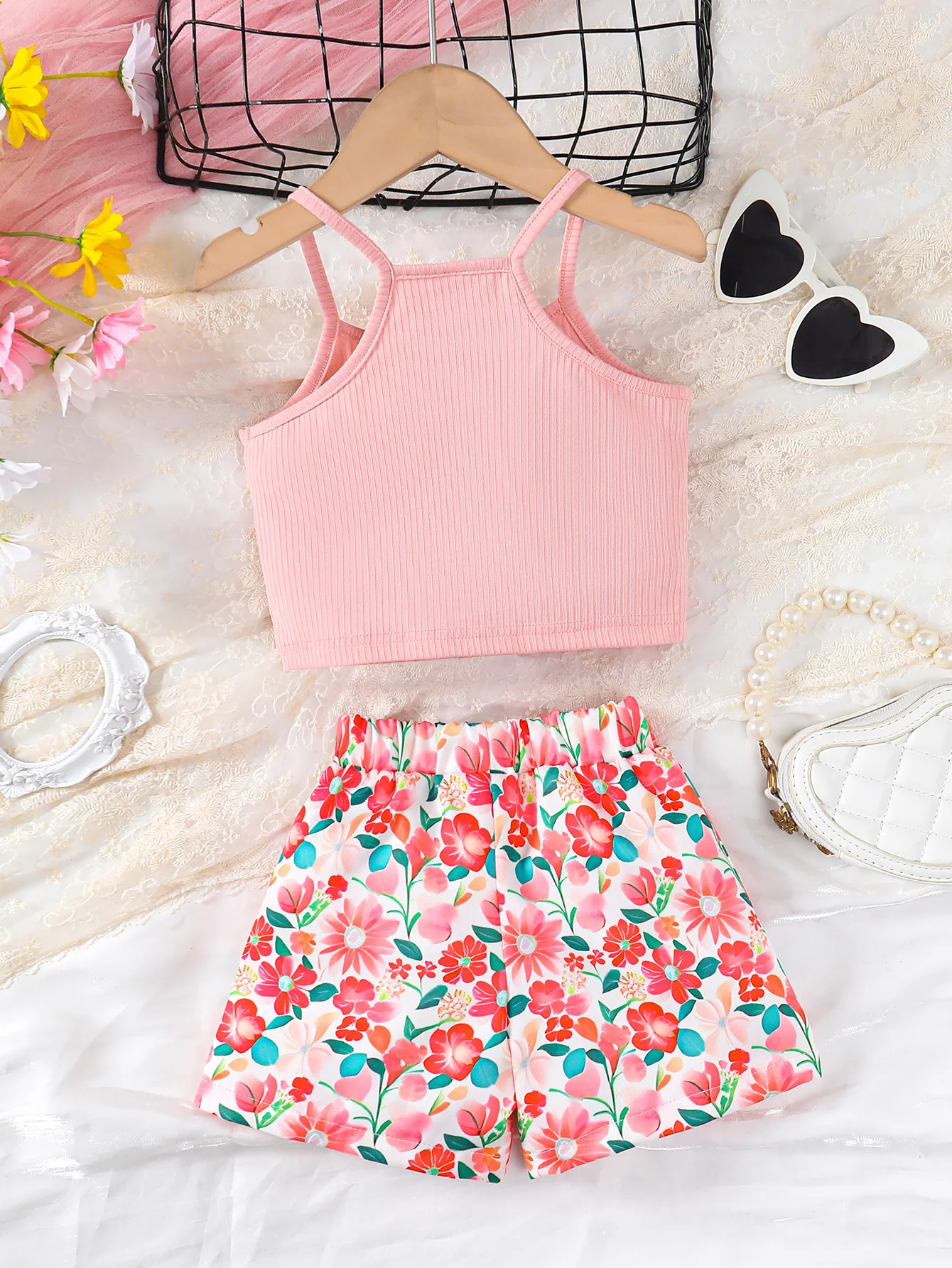 2PCS Summer Children Girl Lovely Clothes Set Pink Sling Short Sleeveless Top+Flower Shorts Daily Casual Wear Kids Girl 4-7 Years