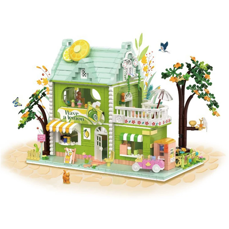 

Green Lemon Tea Chocolate Workshop Mini Creative Street View Model Children's Assembly Block Toys For Friends Birthday Gifts