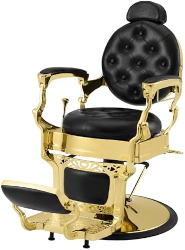 Professional Reclining Hydraulic Barber Chair, Vintage Salon Styling Seat, 360 Swivel Heavy Duty Round Base, Ergonomic Barbershop Grooming Furniture, Retro Gold Modern Setup