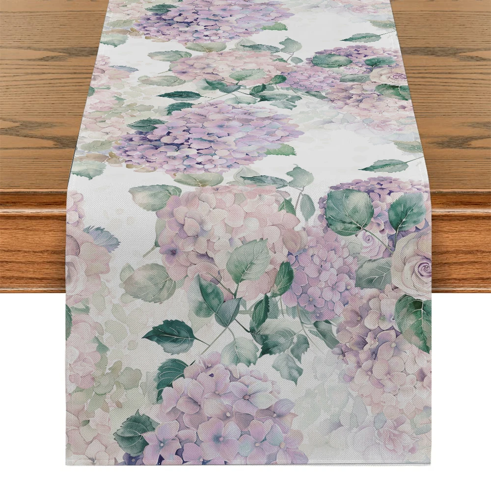 

Hydrangea Watercolor Flower Plant Table Runner Polyester Table Runners for Dining Room Cottagecore Polyester Table