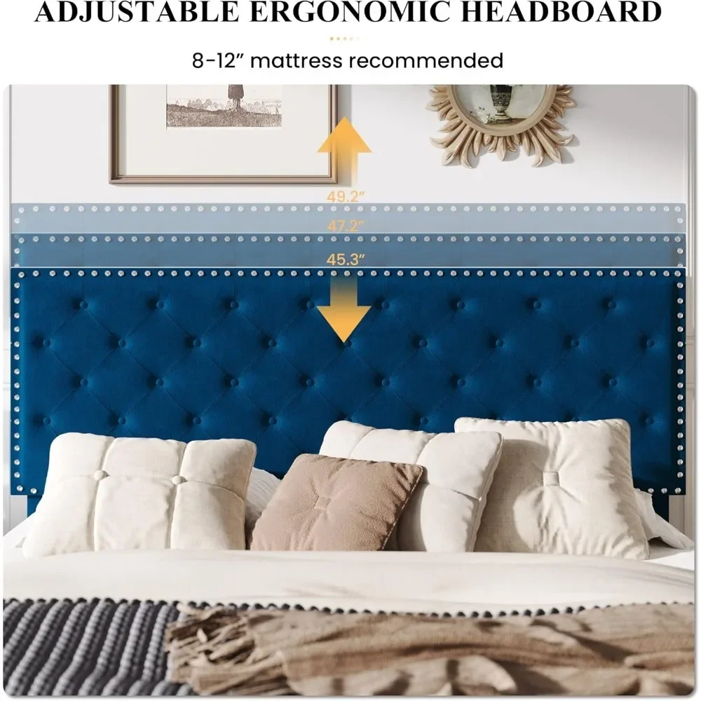 King Size| Velvet Bed Frame with Adjustable Headboard, Diamond Button Tufted and Rivet Decor, No Box Spring Needed