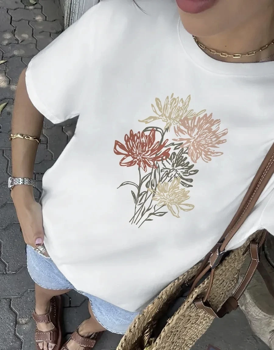 Fashionable Casual Loose round Neck Short Sleeve T-shirt Women's Cotton Sweat Absorbent Comfortable Fit Printed Top