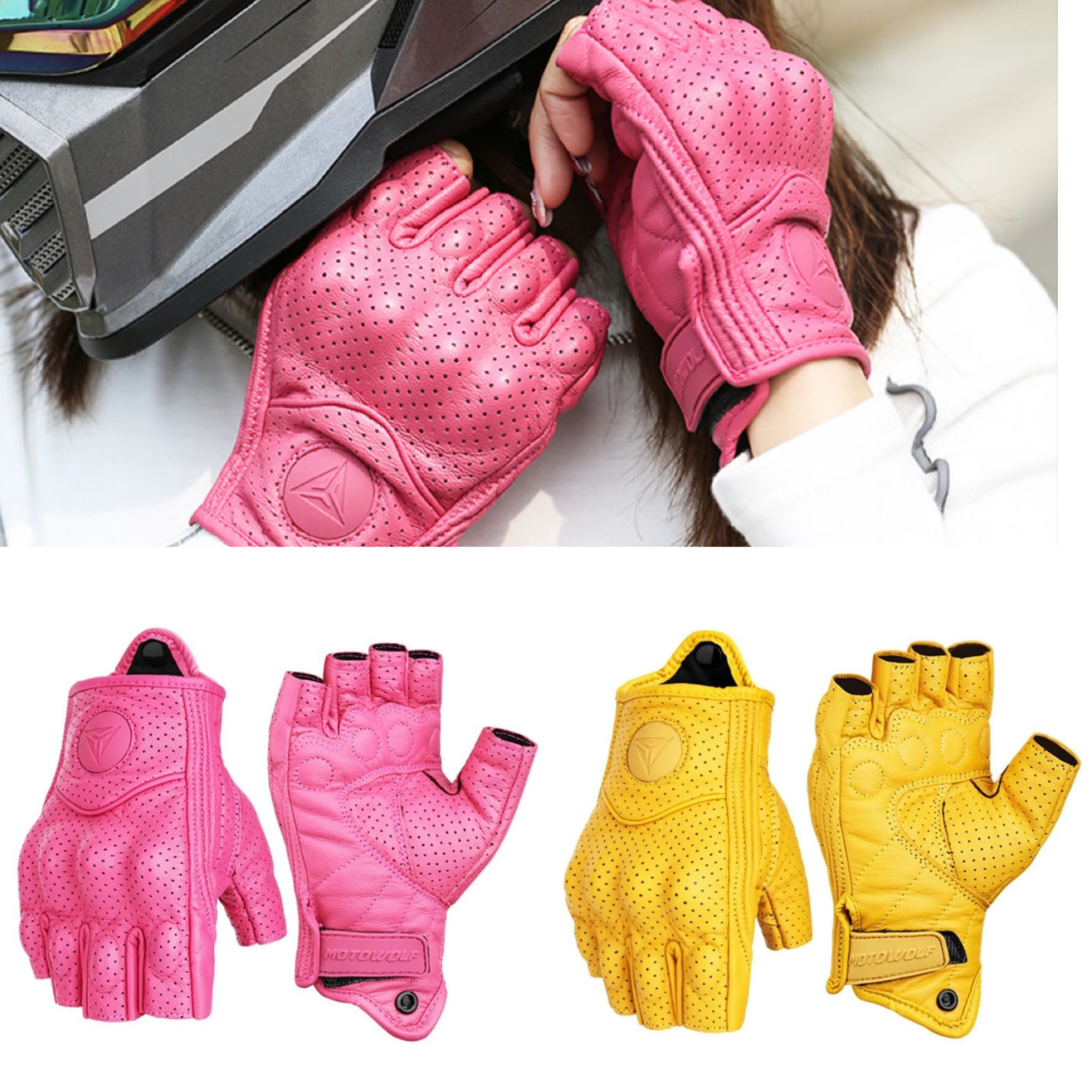 

Motowolf Motorcycle Summer Riding Gloves Breathable Perforated Retro Sheepskin Anti Drop Half Finger Women Leather Moto Gloves