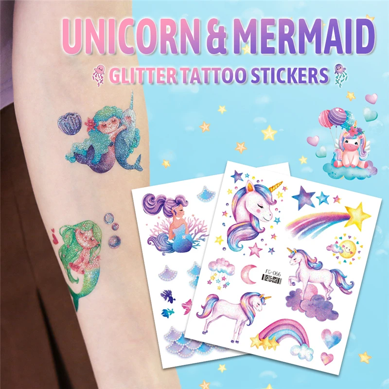 Glitter Rainbow Mermaid Unicorn Tattoo Sticker Kids Temporary Waterproof Face Arm Body Art Fake Tattoos Children Festival Makeup