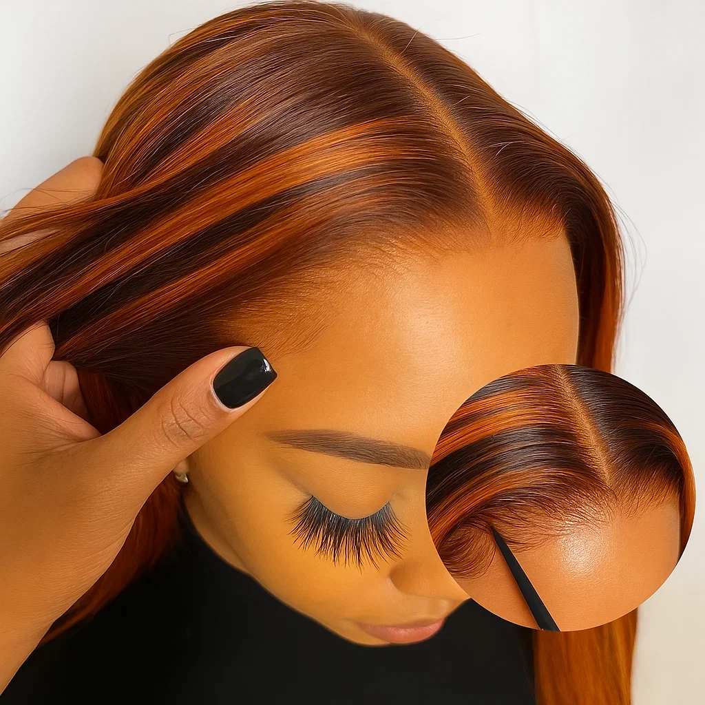 

Upgrade #4/350 Brown Mix Ginger Highlight Human Hair Wigs 5x5 Lace Closure Glueless Wear & Go Ombre Straight Wig Pre Cut