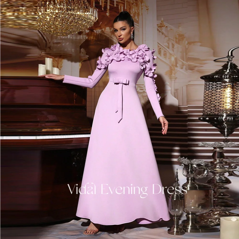

Vindal 2025 New Purple Elegant 3D Flower Round Neck Splicing A-Line Gown Slimming Long Dress Fashion Evening Dress