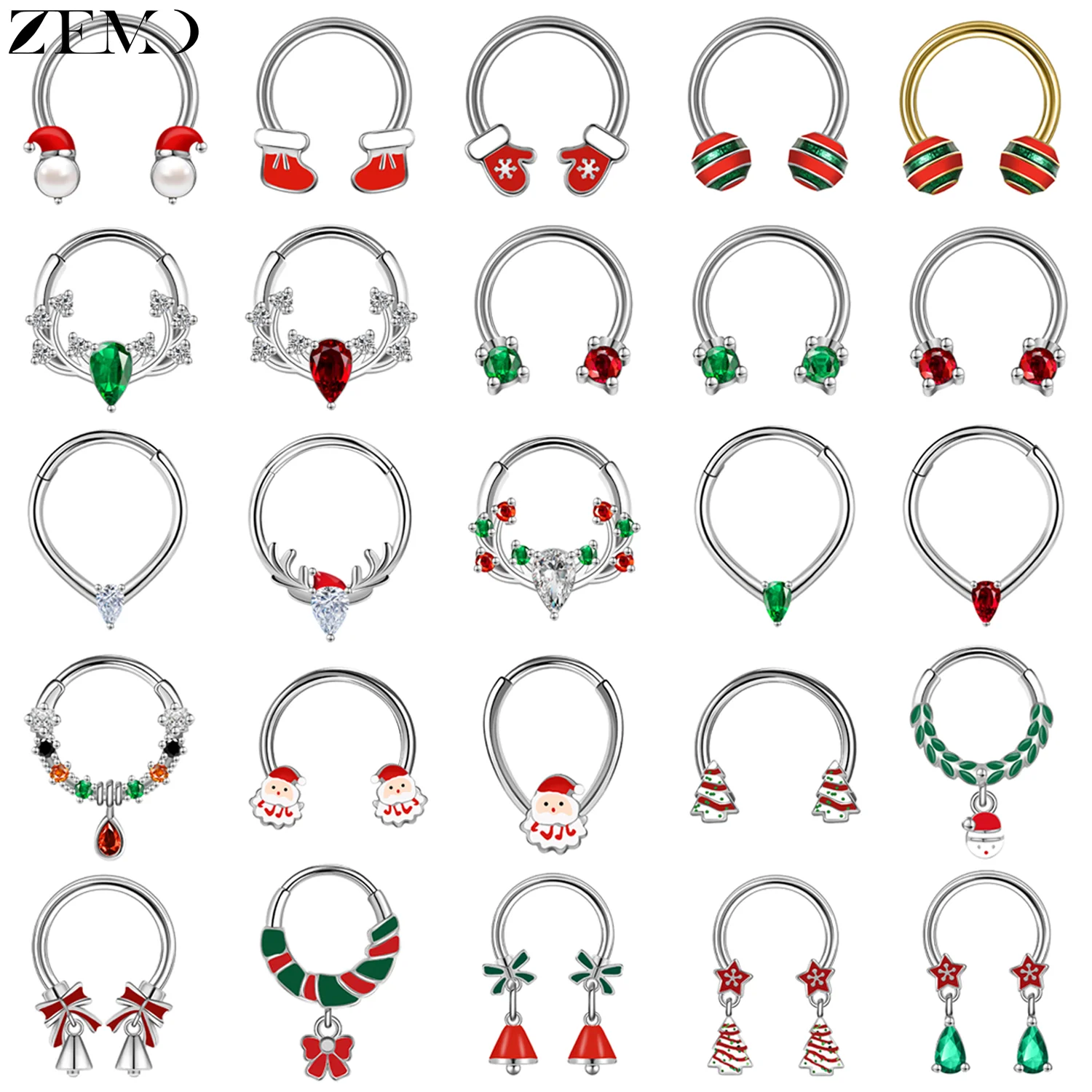 

ZEMO 1 Piece Christmas 16G Stainless Steel Nose Ring Cute Zircon Septum Rings Santa Claus Tree Bell Reindeer Nostril Piercings