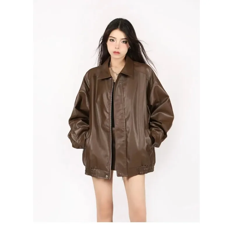 2024 frauen Faux Leder Jacke Amerikanischen Vintage Einfarbig Pu Lose Beiläufige Vielseitige Outwear Highstreet Streetwear Mäntel Weibliche