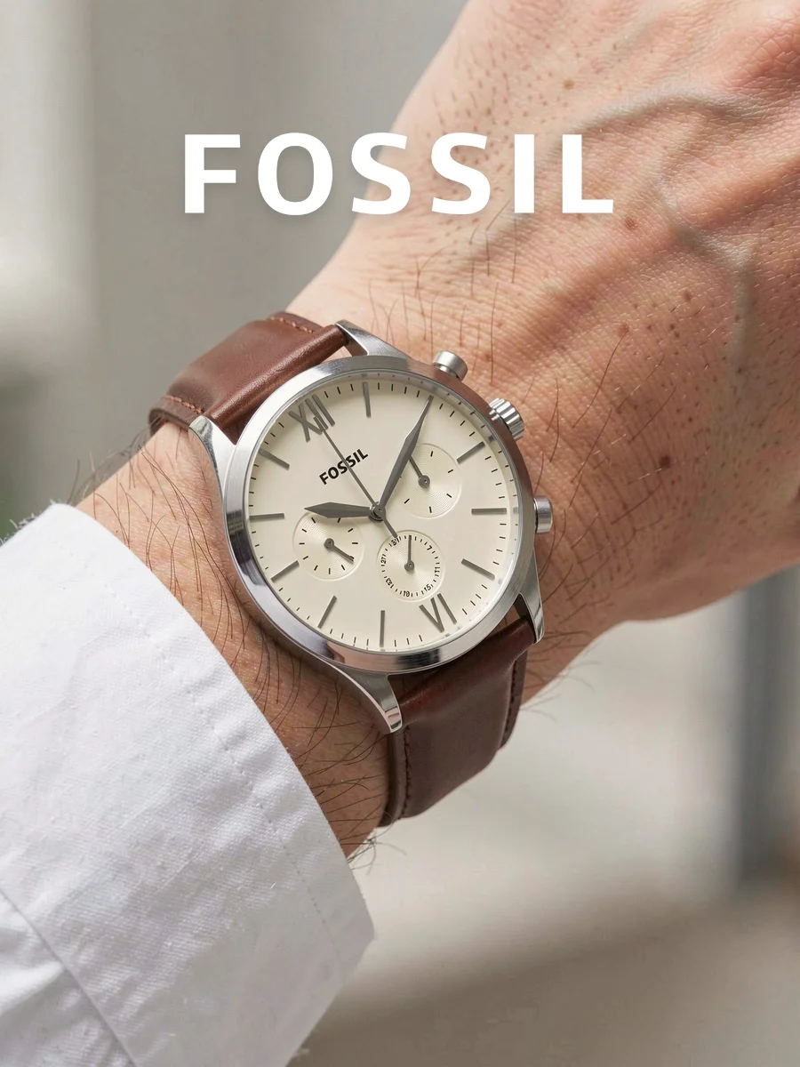 FOSSIL BQ2363 Men Chronograph Quartz Watch Cream Roman Dial Brown Leather Strap For Business Commute Anniversary Gift