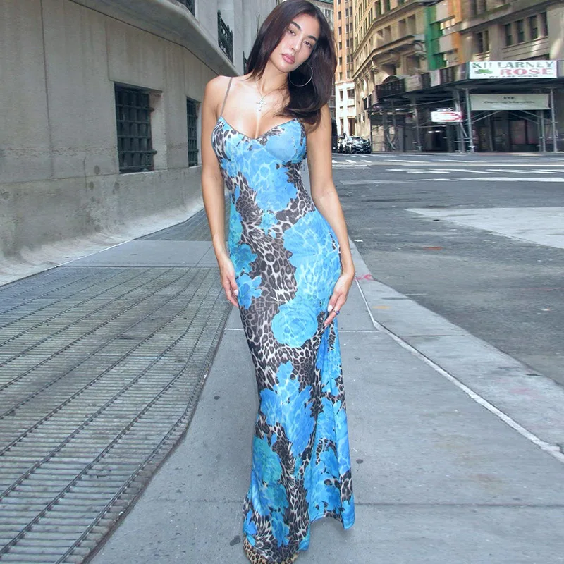 Sexy Leopard Floral Print Straps Dress 2025 Summer New Chic Design V Neck Slim Fit Maxi Dresses Baddie Hottie Daily Staple Piece