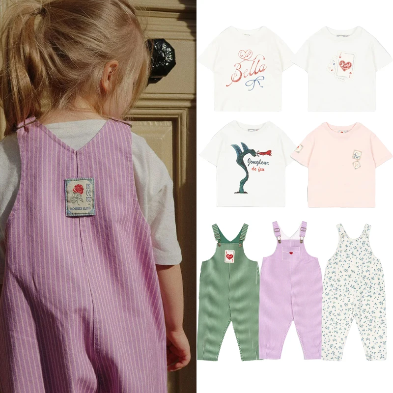 

Children's T-shirt 2025 New Summer Europe and America Printed Casual T-shirt Boys and Girls Striped Overalls Kids Set