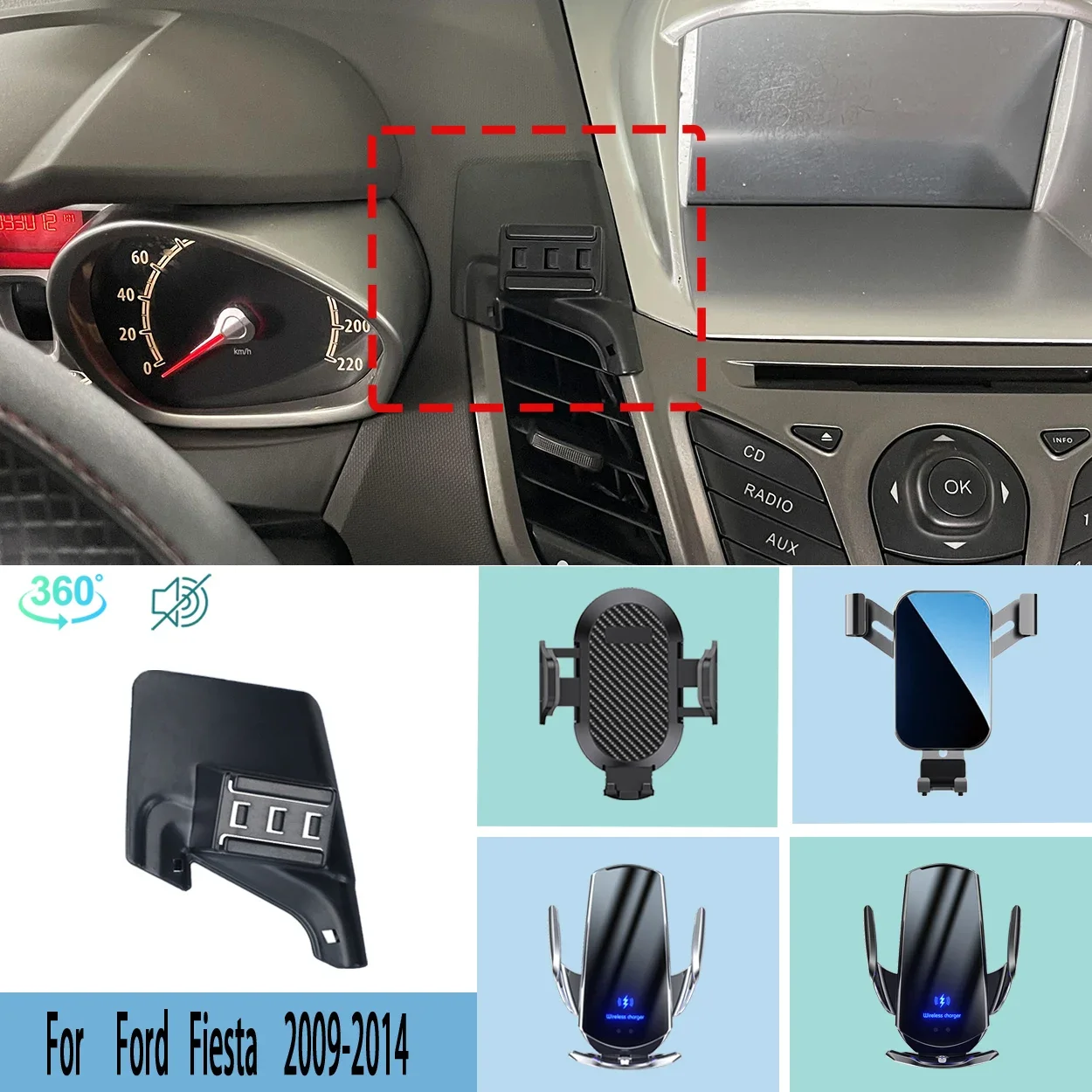 For Ford Fiesta 2009-2014 Car Specific Phone Holder with 15W Wireless Fast Charging Dashboard Mount Direct Fit Accessory