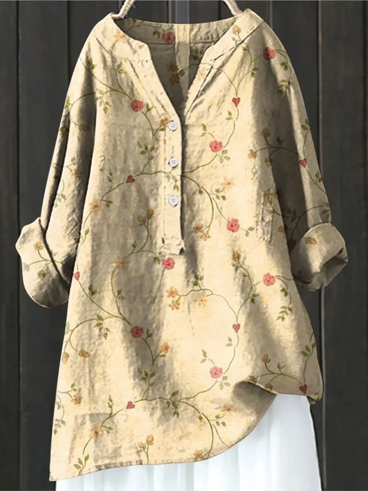 2024 Women\'s Autumn Winter New Fashion Printed Button Up Shirt Long Sleeved Bamboo Linen Casual Comfortable Top