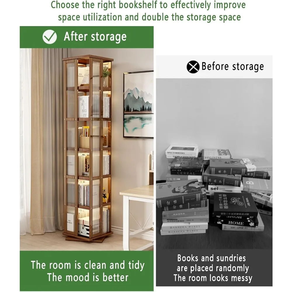 360 ° برج رف كتب دوار من الخيزران - خزانة كتب زاوية قابلة للتكديس مع مساحة تخزين، رف عرض أكريليك للكتب الصغيرة والديكور #5