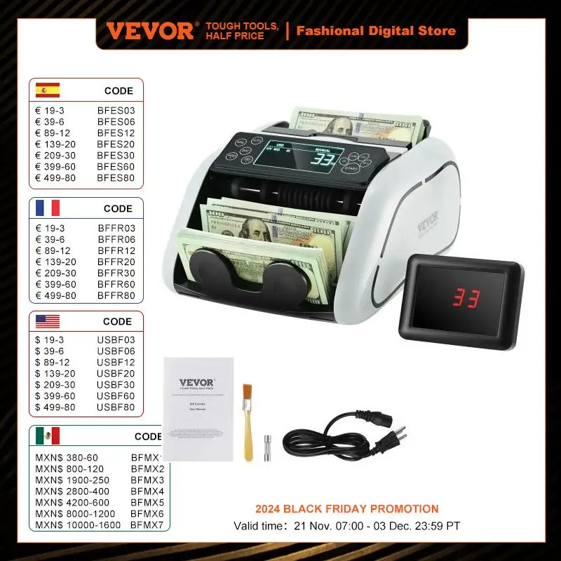 VEVOR 1000 Pcs/Min Money Counter Business Cash Register Bills Counterfeit Bill Detector by UV/MG/IR/DD Function for Bank Store