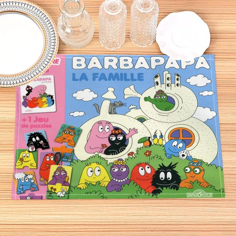 Barbapapa Cartoon Pattern Placemat Cotton Linen Fabric Table Mats Family Dinner Tableware Kitchen Size 30X40cmTable Mat