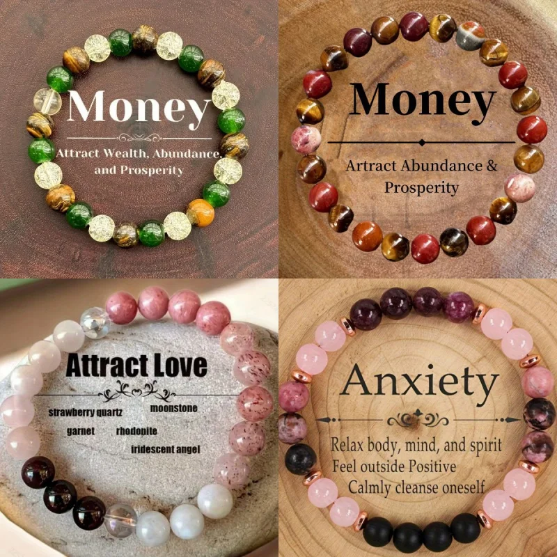 

Healing Bracelet Tiger Eye Pink Quartz Rose Stone Wood Grain Beaded Bracelet Wholesale