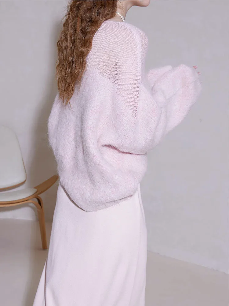 SXTHAENOO 57% Alpaca Women Simple Solid Round Neck Pullovers Drop Sleeve 2024 Winter Casual Pink Female Short Sweaters