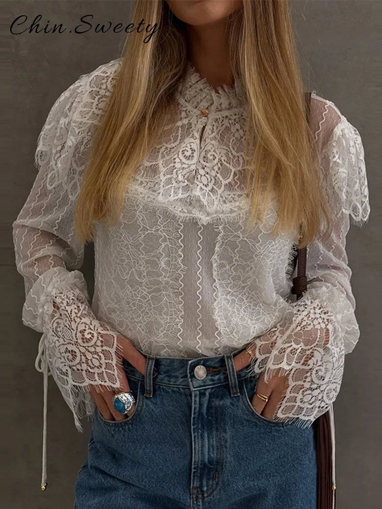 

Fashion Lace Printed See Through Pullover Women Loose Solid Full Sleeve Lace Up Button Top 2025 Summer Lady High Street Shirt