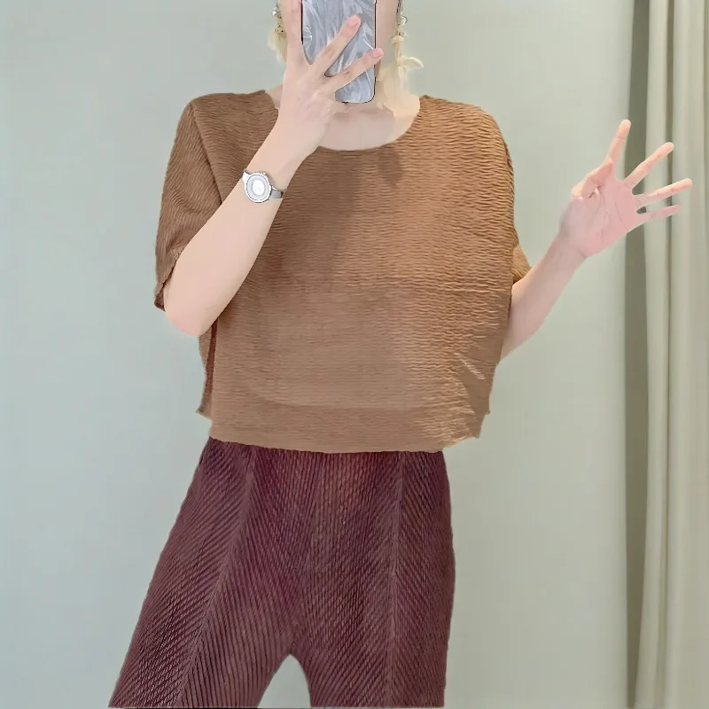 

‌Miyake Pleated Women's T-Shirt Vintage Oversized Cotton Pleats Korean Style Loose Fit Casual Streetwear Summer Comfortable‌