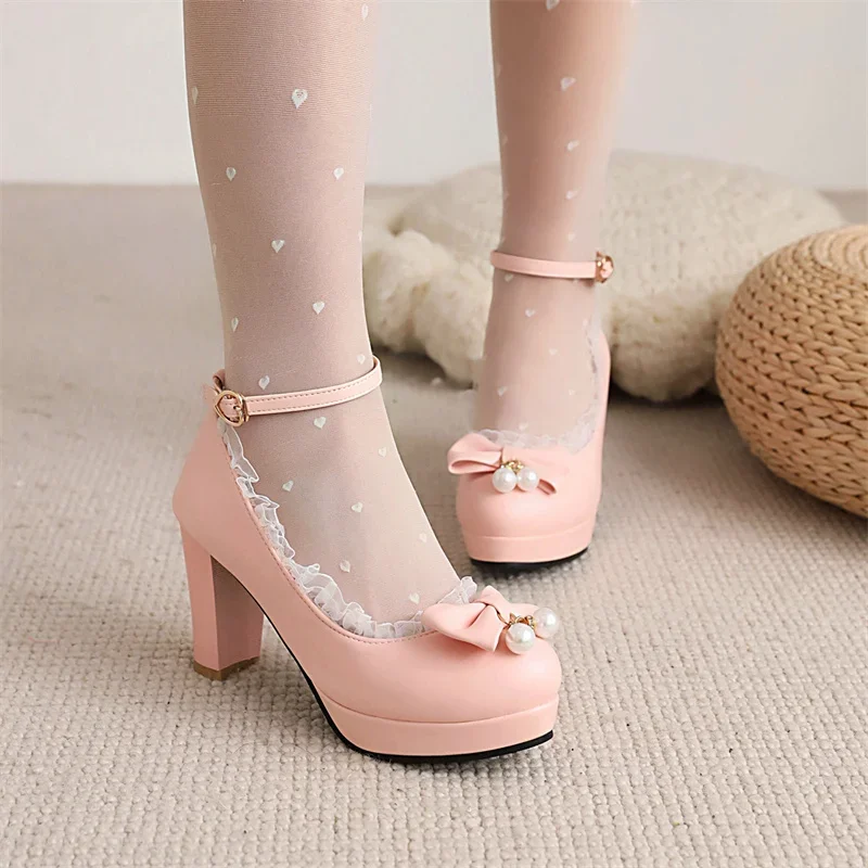 

Kids Big Girl Fashion Performance Dance Pearl Pendant Catwalk Mary Jane Pumps 2024 Children's Buckle Strap Princess Shoes