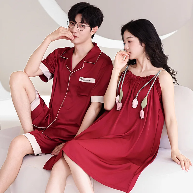 Couple Pajamas Women Summer Nightdress Men's Cardigan Short sleeve Pijamas Suit Young Boy Girl Homewear 2024 Ice Silk Loungewear