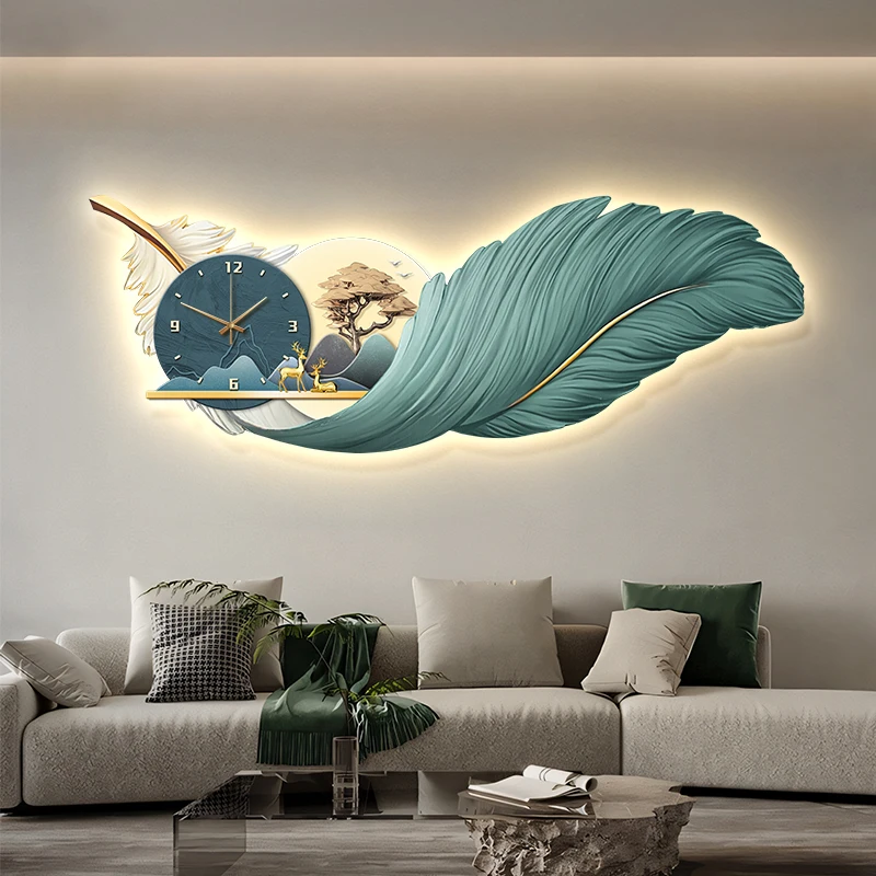 

Feather LED Wall Clock Modern Asian Style Glowing Artwork Luxury Wall Watch Dining Battery Operated Living Room Decoration