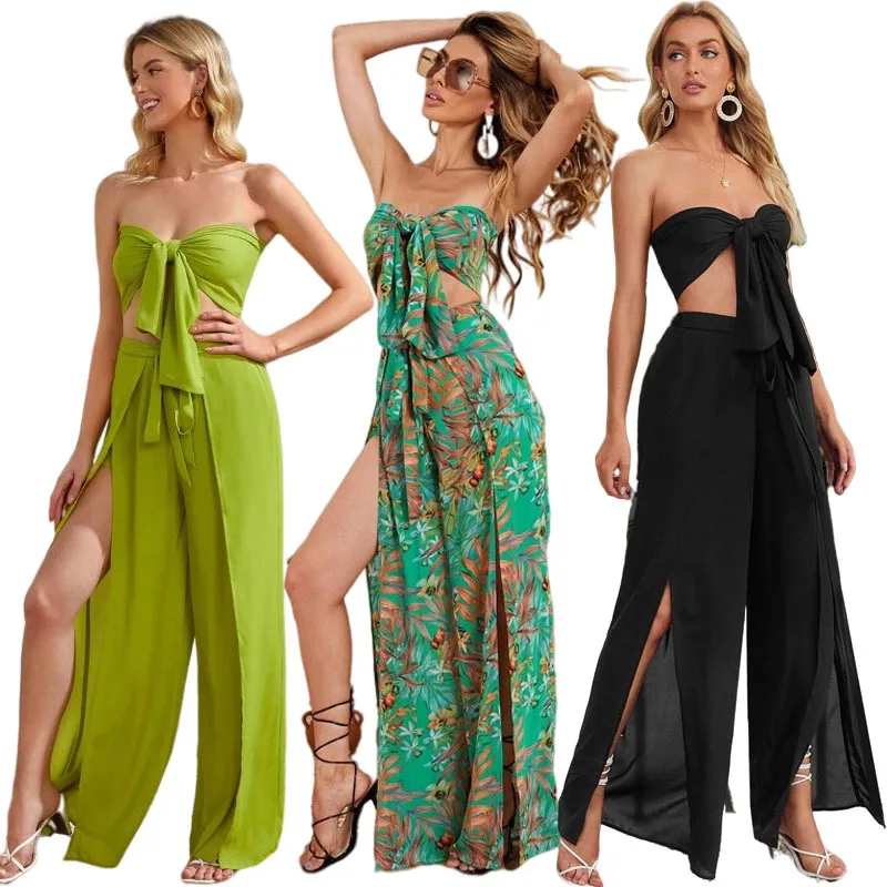 

2021European and American Women's Clothing Autumn New Strapless Sexy Wrapped Chest Strap Open Loose Wide Leg Pants Casual Two-Pi