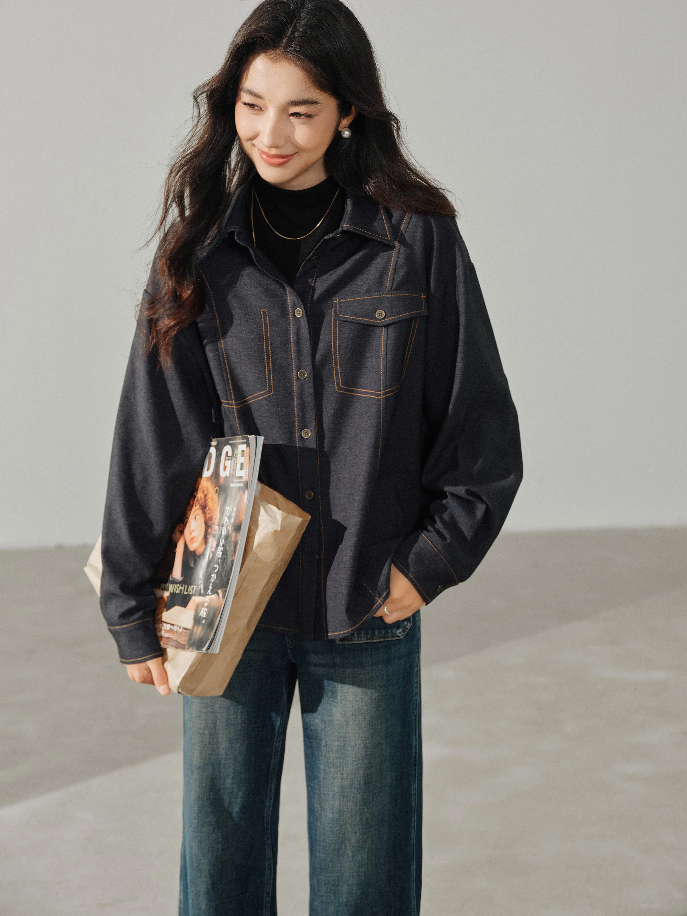 Casual overhemdjack met contrasterende steek Losse blouse met lange mouwen voor dames Stijlvol overhemd met kraag voor de herfst Gelaagde slanke look