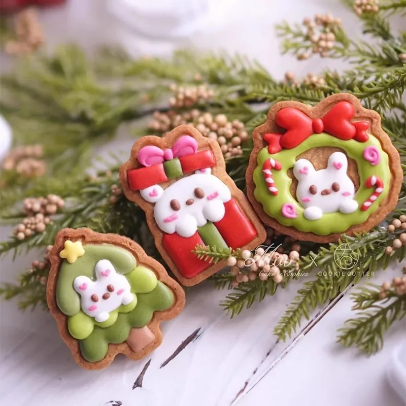 Christmas Bunny Shape Wreath Cookie Cutter Xmas Tree Gift Decor Biscuit Stamp Rabbit Icing Cookie Fondant Cake Tools Accessories