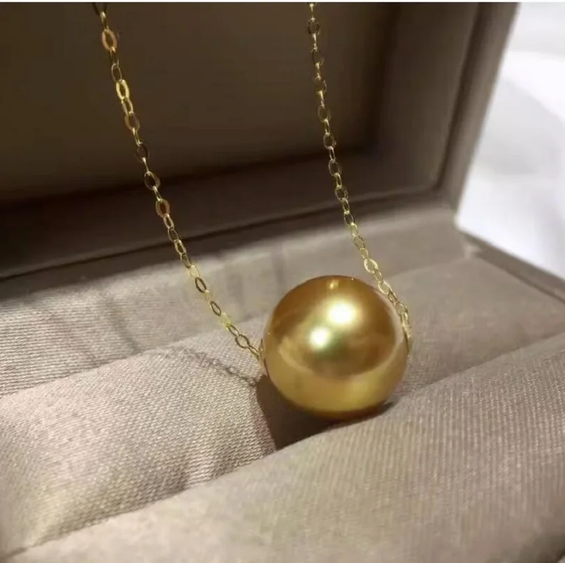 18K Giant AAAA 11-12mm South China Sea Gold Round Pearl Pendant Necklace 18K Gold