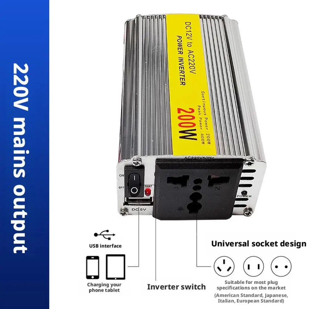 200W Car Power Inverter DC12V To AC220V , USB Port Socket Electrical Universal Accessory Strong Dissipation Smart Chip Car U8Y3