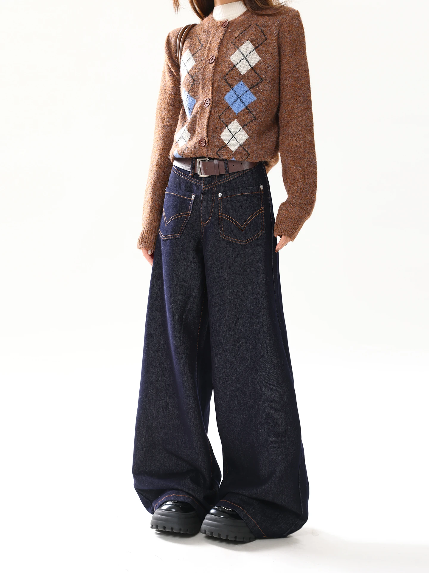 

Темно-синие свободные прямые джинсы, женские универсальные длинные брюки в стиле ретро, AONW, женские осенние джинсовые брюки