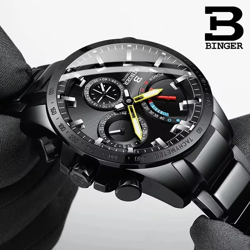 Original BINGER Brand Mens Watches Automatic Mechanical Full Steel Classic Luminous Waterproof Energy Sapphire Male Calendar