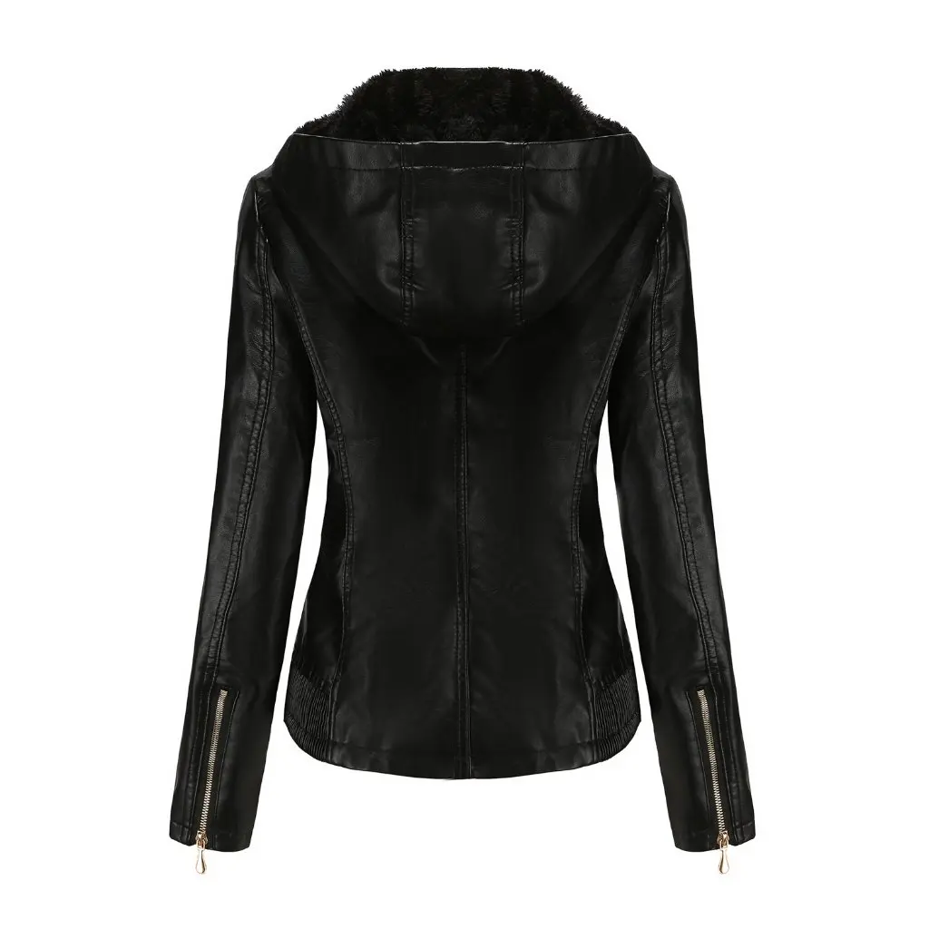 

Women's Hooded Velvet Leather Jacket Long Sleeve Zipper Slim Fit European Size Detachable Hat Autumn Winter Fashion Outerwear