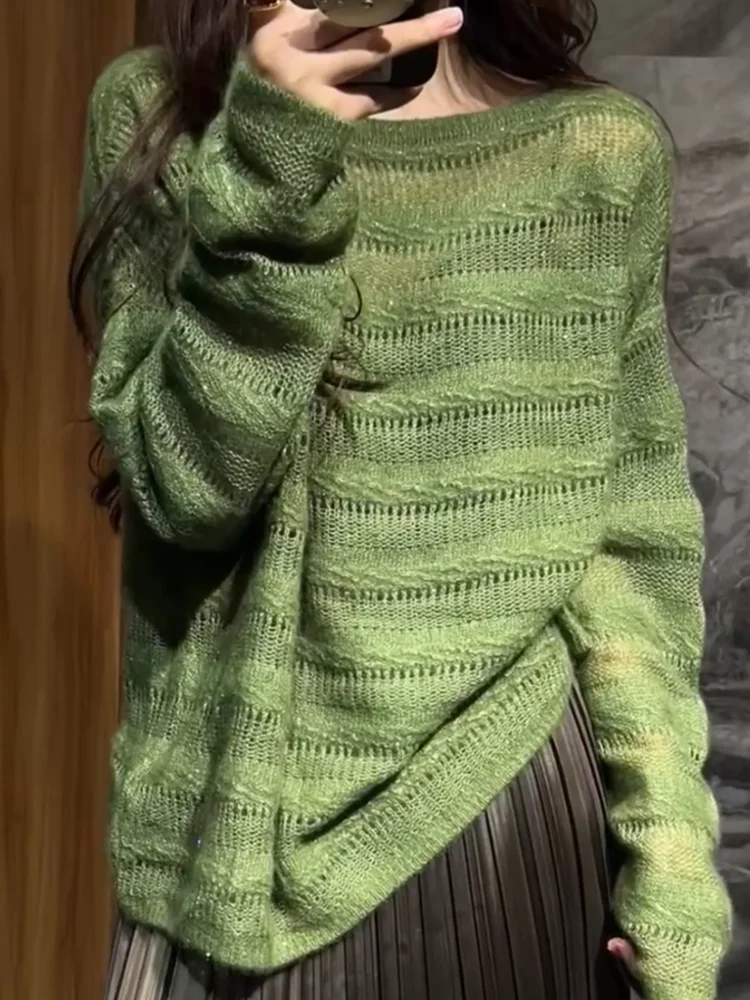 

Корейский модный свитер с круглым вырезом и вырезами, больших размеров, стройнящий топ для осеннего сезона, одежда для снежной погоды