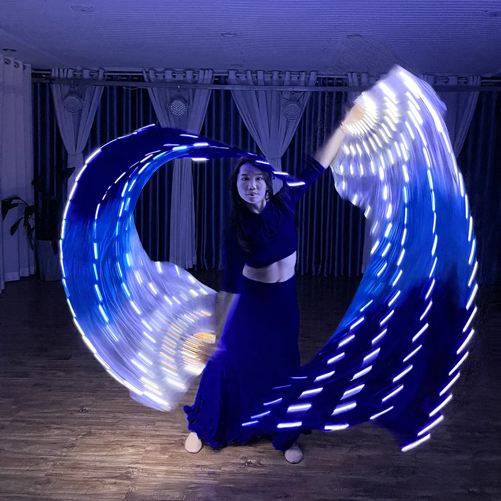 Ruoru One Pairs 100% Silk Belly Dance Fan Veil Gradient White Blue Led Long Fans Performance Props Belly Dance Chinese Dance